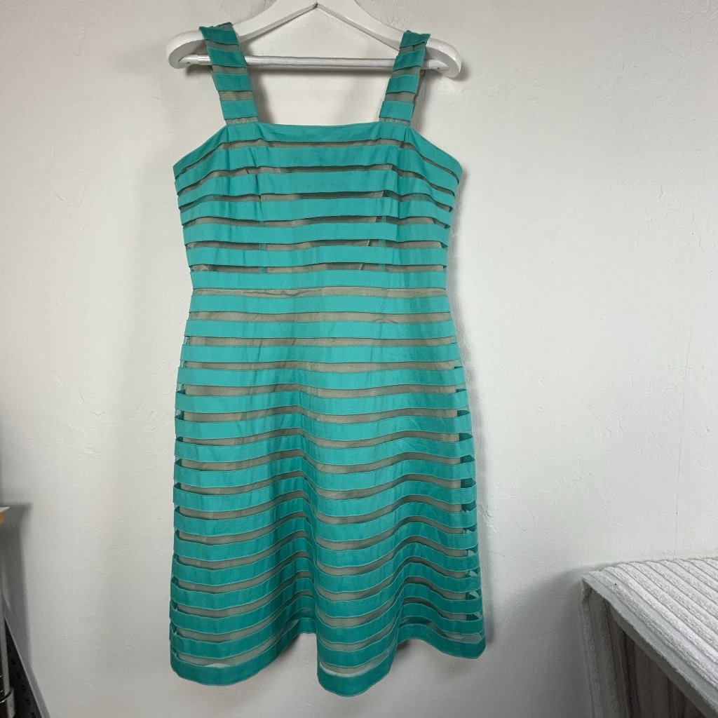 Adrianna Papell Womens Aqua Striped Sheer Overlay Sleeveless A-Line Dress Size 8